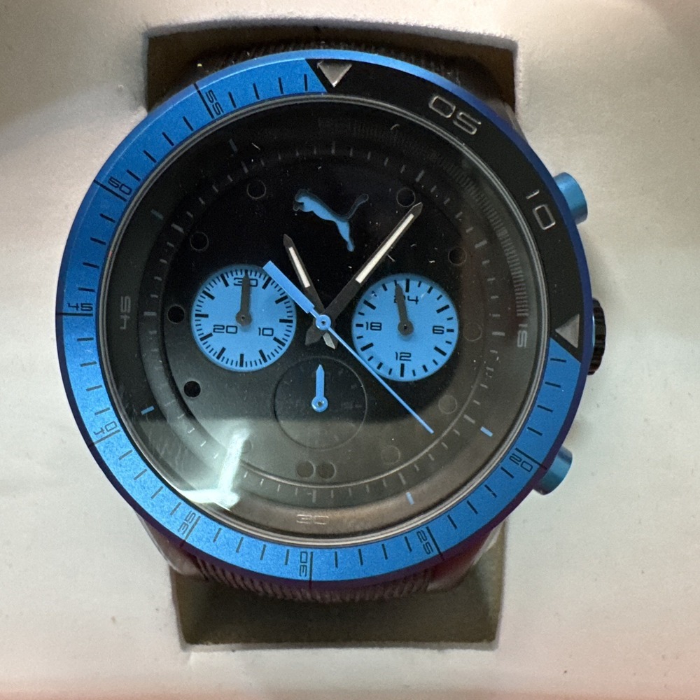 Puma Time PU102821002 Men's Chronograph Watch Black Blue Silicone Band w/ Box